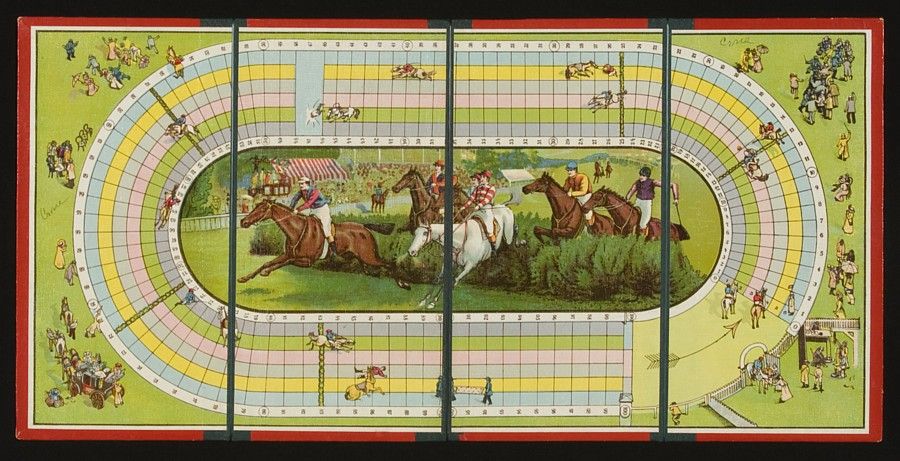 Wonderful colors and endearing 19th century graphics adorn this 1895-1920 horse race game boar for the board game “Steeple Chase”. Note in particular the horse in the upper left corner that has jumped the side fence and sent onlookers scattering for