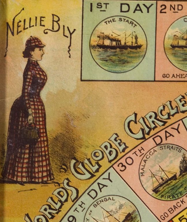 “THE WORLD’S GLOBE CIRCLER” BOARD GAME GAMEBOARD, BASED ON JULES VERNE’S “AROUND THE WORLD IN 80 DAYS”, 1890-1900: <br />
<br />
Published in 1793, few other late 19th century novels so captured the interests of Americans as Jules Verne’s “Around
