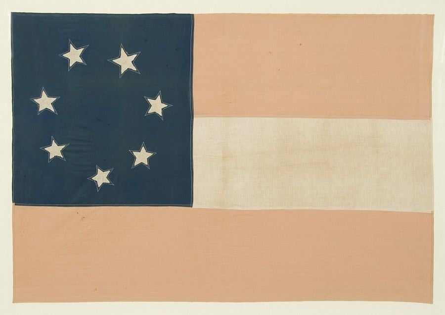 CONFEDERATE FIRST NATIONAL FLAG OR “STARS & BARS”, AN UNUSUALLY NICE REUNION PERIOD EXAMPLE, 1884-1920:<br />
<br />
This 1st National design Confederate flag, commonly known as the “Stars & Bars”, was made sometime in the period between the