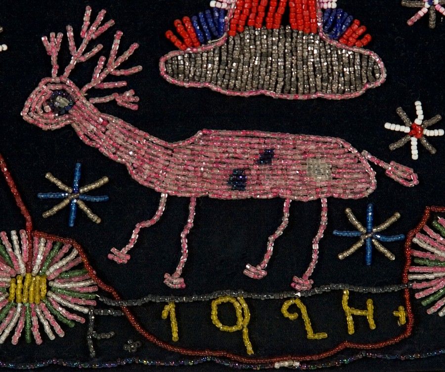 Patriotic memorial beadwork on velvet, made by a Racine, Wisconsin woman for her husband, Vincent DiGaudio, in 1924. This well-executed and extraordinarily graphic textile features numerous potted and free-floating chrysanthemums, some of which may