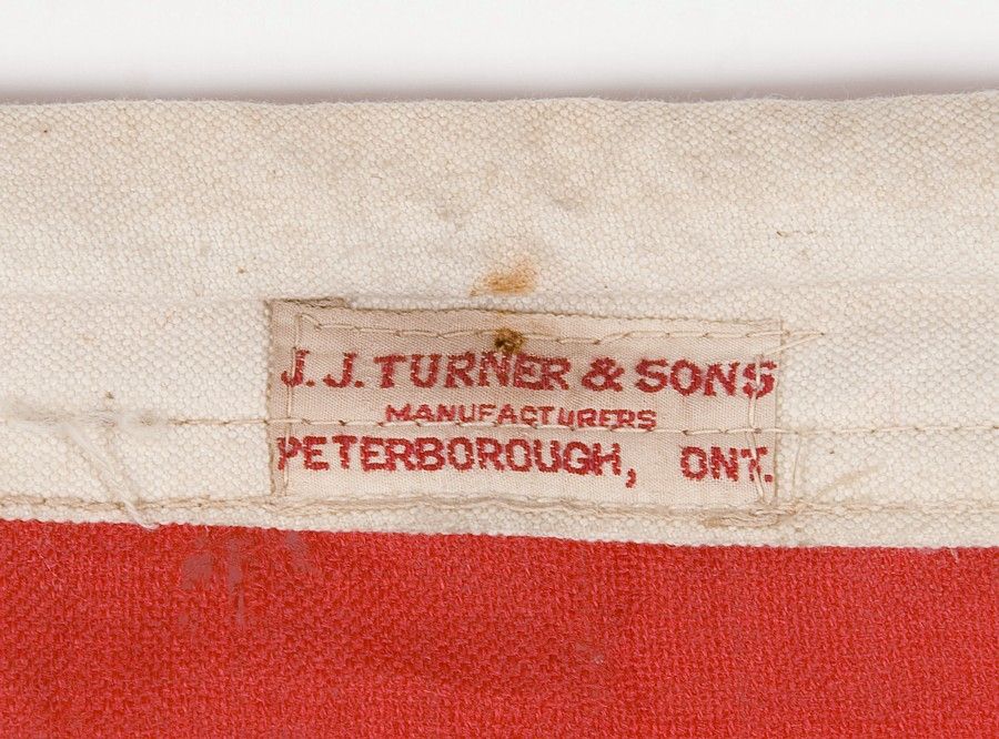 UNION JACK, MADE BY J.J. TURNER & SONS, PETERBOROUGH, ONTARIO, CANADA, ca 1890-WWI (1914-18): <br />
<br />
British Union Jack in a design typical for nautical use, with attractive, elongated features. Made sometime between approximately 1890 and