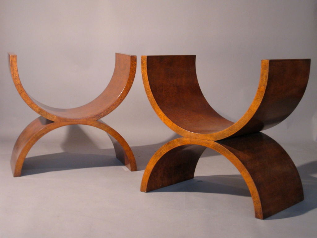 Pair of benches/stools designed by Jay Spectre and made of Thuya Burl wood c.1990's. Thuya Burl is a rare, exotic wood found today only in Morocco.