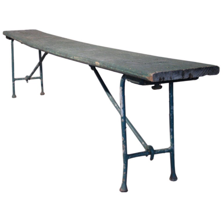 Long Wooden Gymnasium Bench with Folding Iron Legs c.1920's