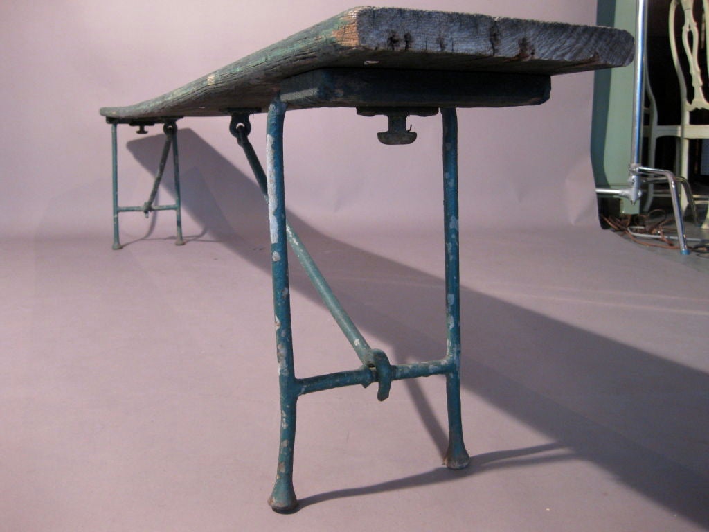 Long Wooden Gymnasium Bench with Folding Iron Legs c.1920's 1