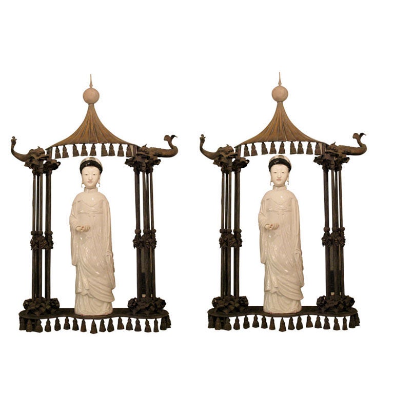 Large Pair of Chinese Porcelain Figures in Gilt-metal Pagodas