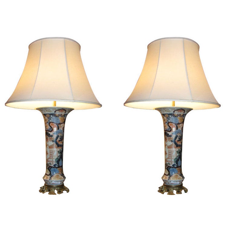 Pair of Japanese Imari Trumpet Mouth Vases now as Lamps