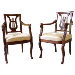 Pair of Lyre Back Chairs with Ram's Heads on the arms