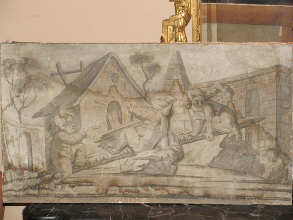 Pair of gray painted canvasses with scenes depicting putti and architecture.