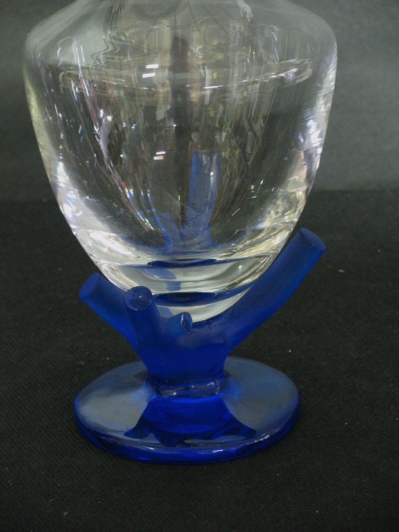 Exotic Daum Crystal Decanter with Red Coral Glass Stopper & Blue Coral Base. Signed 