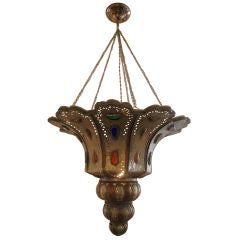 Vintage Moroccan Brass and Glass Chandelier
