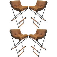 Set of Four Iron, Wood and Leather Cleo Baldon Barstools