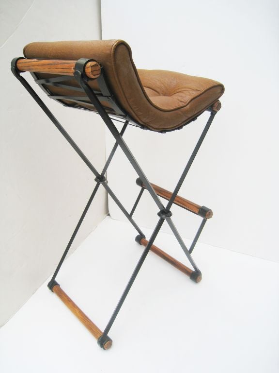 Mid-20th Century Set of Four Iron, Wood and Leather Cleo Baldon Barstools