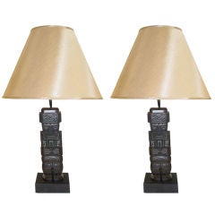 Exotic Pair of Inca God Table Lamps