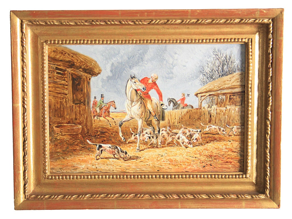 A set of four small hunt scenes in the manner of  H. Alken, oil on board; Provenance: Harwood House.