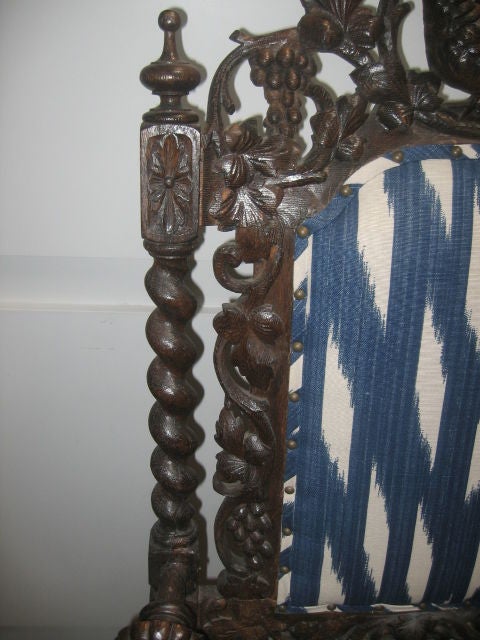 19th Century 19th c. English Baronial Carved Hall Armchair in Ikat Fabric
