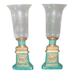 Pair Of Faux Malachite and Bronze Hurricane Candle Holders