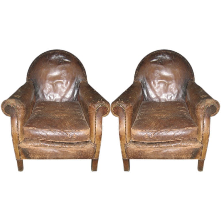 Pair of 1920's French Leather Club Chairs