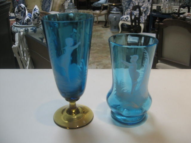 Two Mary Gregory Hand Painted Cameo  Blue Glassware