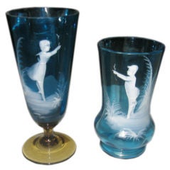 Two Mary Gregory Hand Painted Cameo  Blue Glassware