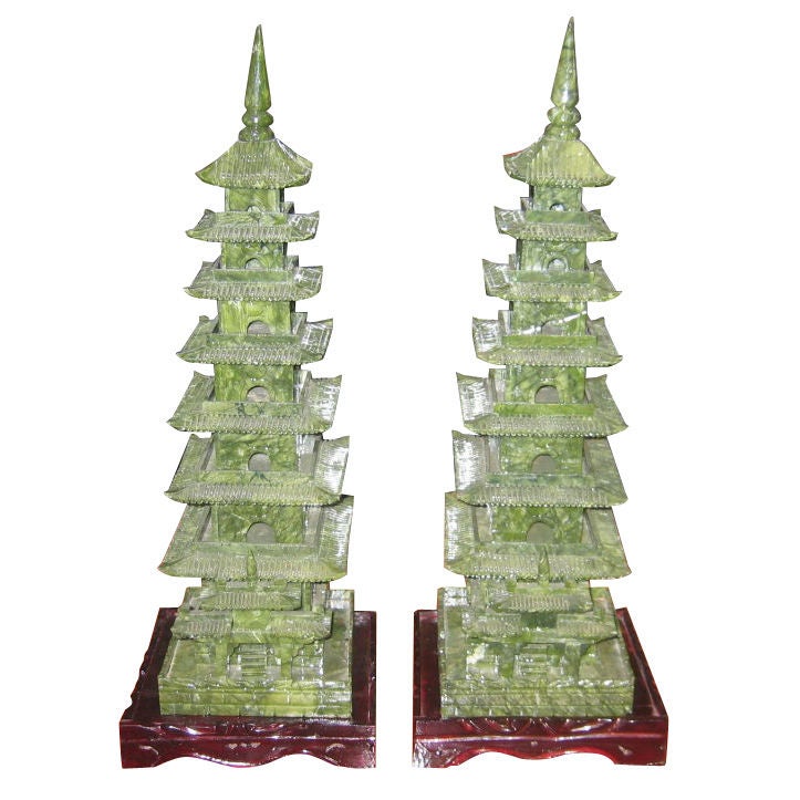 Pair of Vintage Jade Pagodas on Carved Bases