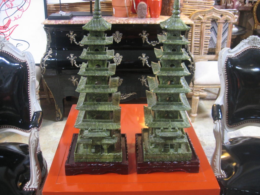 Chinese Pair of Vintage Jade Pagodas on Carved Bases