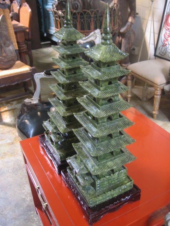 Pair of Vintage Jade Pagodas on Carved Bases 1