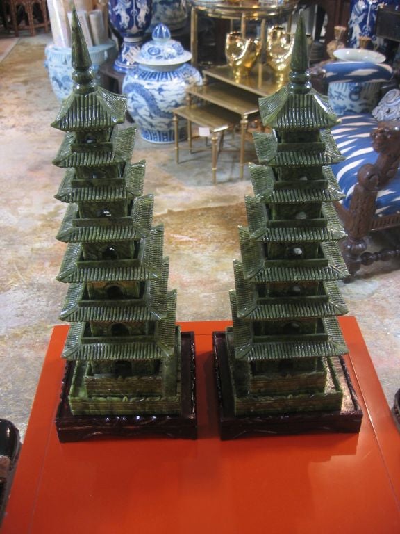 Pair of Vintage Jade Pagodas on Carved Bases 2
