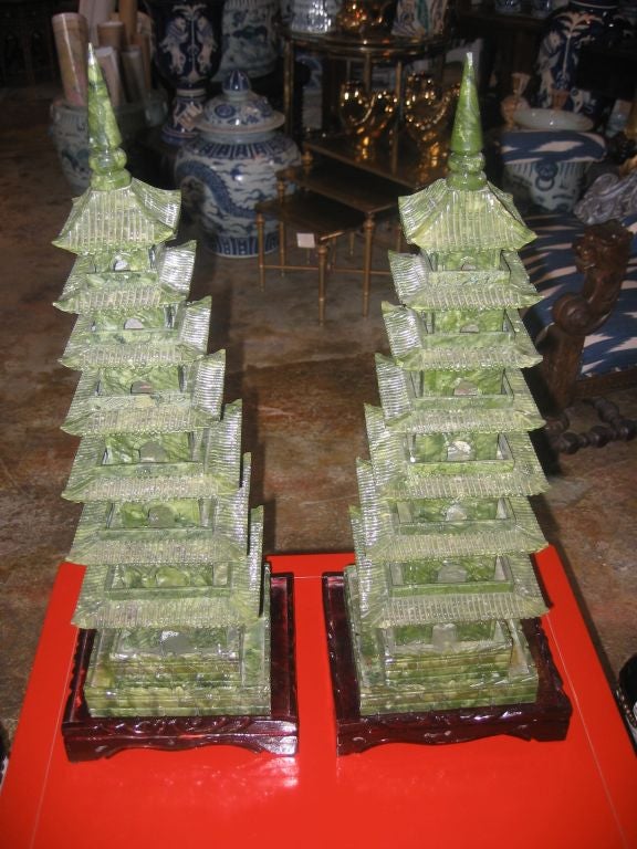 Pair of Vintage Jade Pagodas on Carved Bases 3
