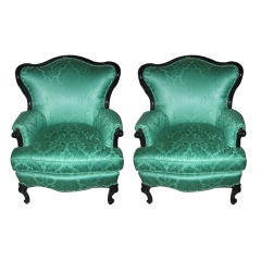 Pair of 1940's Lacquered Armchairs in Green Scalamandre Damask