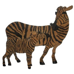 Vintage Macramé Zebra and Baby Near Life-Size