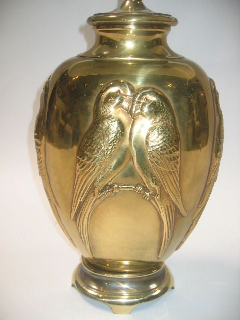 Pair of Large Brass Lamps with Ebony, Oval Silk Shades