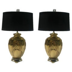 Pair of Large Brass Lamps with Ebony, Oval Silk Shades