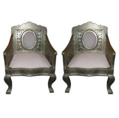 Antique Pair of  Rajasthani Throne Chairs in Silver Overlay.