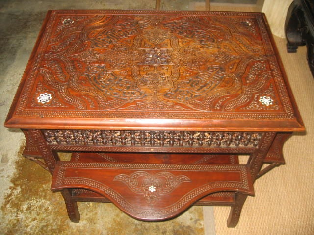 19th c. Moroccan Table with Ornate Carving and Pearl Inlay