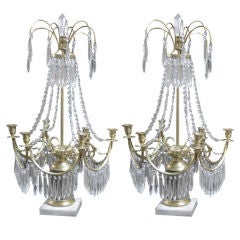 Pair of Antique Crystal and Marble Girandoles or Candelabras