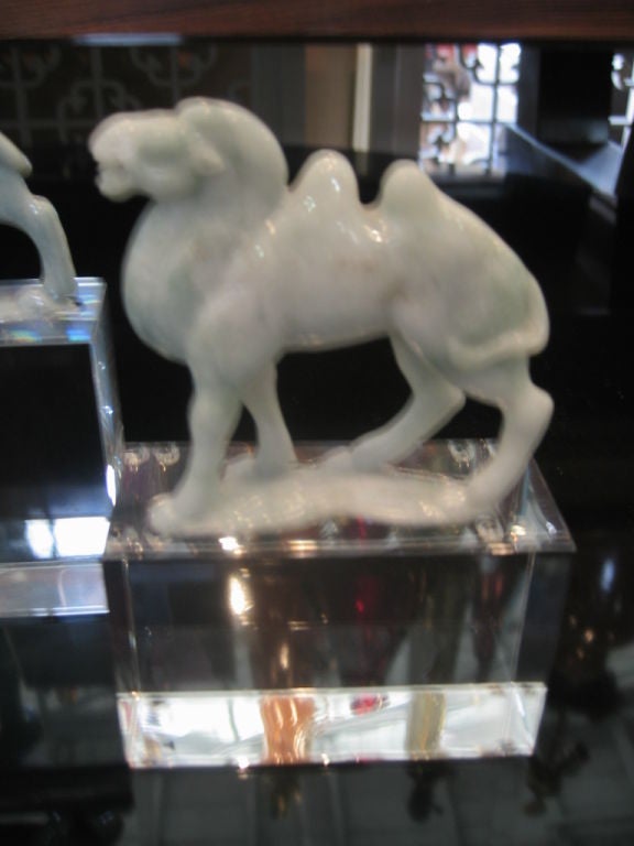 Carved Han Dynasty Style Jade Camels on Acrylic Bases
