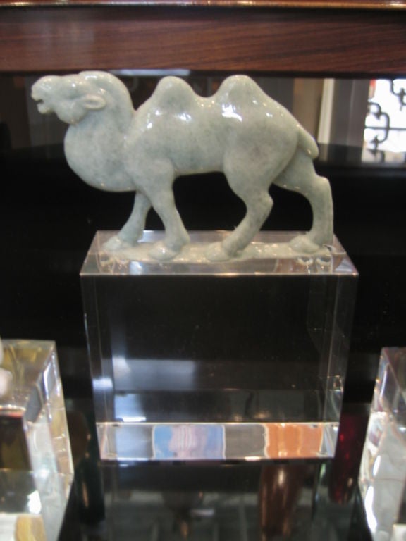 20th Century Han Dynasty Style Jade Camels on Acrylic Bases