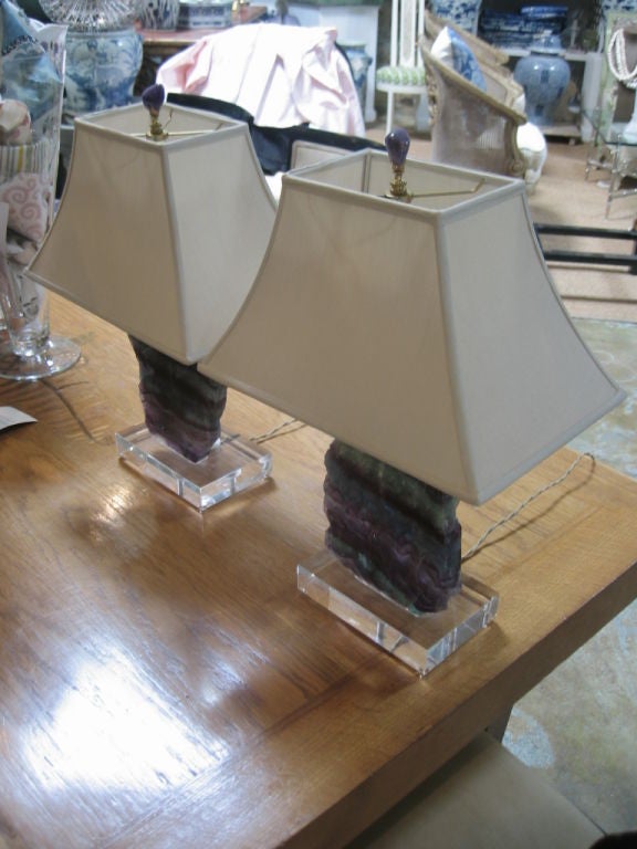 Pair of Fluorite and Amethyst Lamps on Acrylic Bases with Shades 1