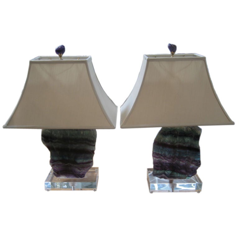 Pair of Fluorite and Amethyst Lamps on Acrylic Bases with Shades