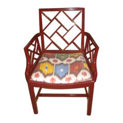 Vintage Chinese Chippendale Chair in Red Lacquer with Ikat Seat