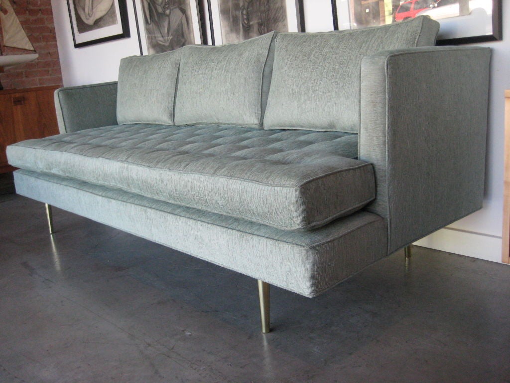 Completely restored sofa designed by Edward Wormley for Dunbar.  This version has polished brass legs.