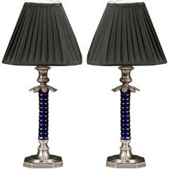 Vintage A pair of Silver Plate and Blue Cobalt Glass  PairPoint Lamps