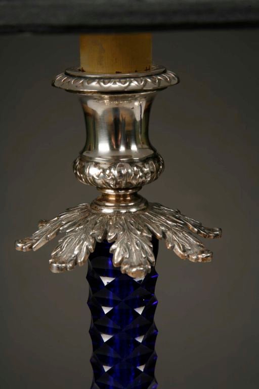 A pair of Silver Plate and Blue Cobalt Glass  PairPoint Lamps