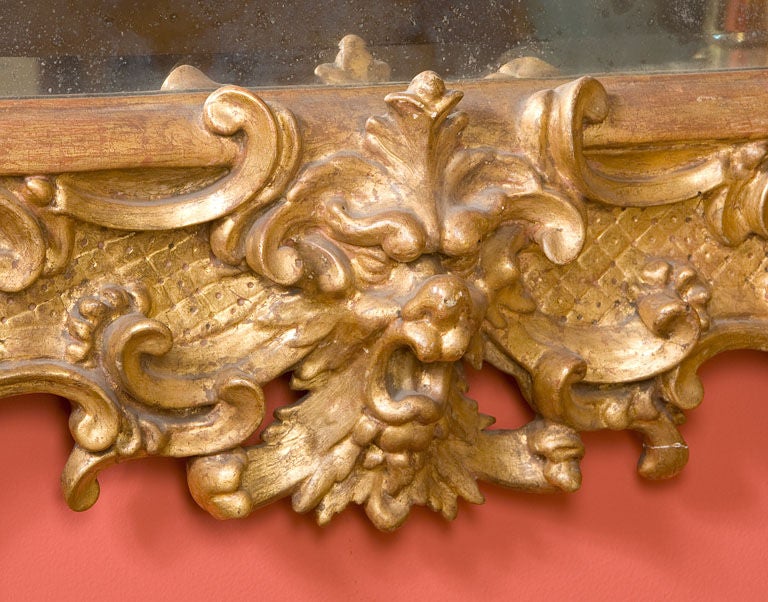 Large Florentine Rococo gilt mirror with a female head in the crest and a grotesque mask face on the base