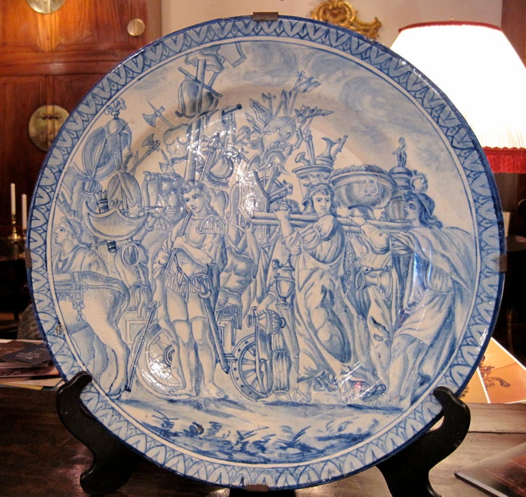 Large Majolica blue and white charger
