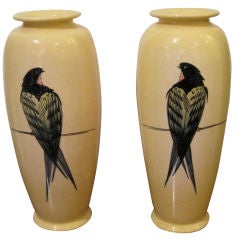 Pair of English Deco Pale Yellow Vases with Bird Decoration