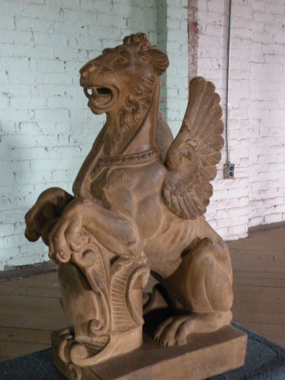 Pair of 19th Century Terra Cotta Winged Lions In Good Condition For Sale In Troy, NY