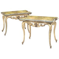 Pair of 18th Century Italian Rococo Painted Console Tables with Scagliola Tops