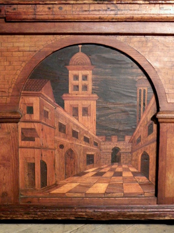 Gran arca/cofre barroco temprano con incrustaciones arquitectónicas alpinas en Bueno estado para la venta en Troy, NY