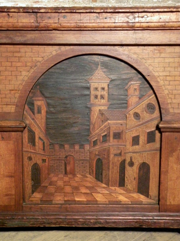 Gran arca/cofre barroco temprano con incrustaciones arquitectónicas alpinas siglo XVII en venta